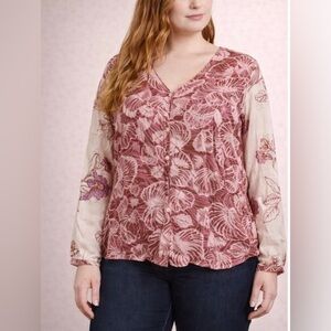 Tahari 100% Linen Tropical Floral Button Down Blouse Size L Lightweight V-Neck